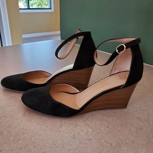 A New Day/ black ankle strap wedges